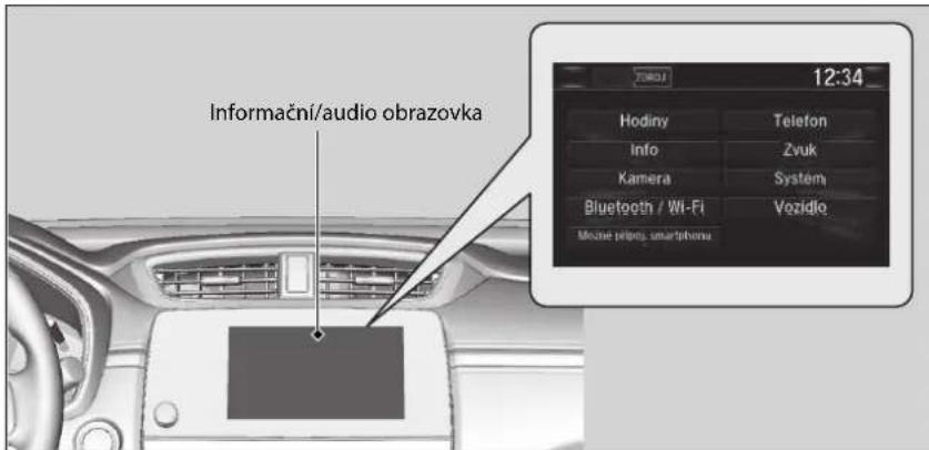 Informační/audio obrazovka 12:34 Hodiny Info Kamera Bluetooth / Wi-Fi Mozne https: smartbevnu Telefon Zvuk System Vozidlo