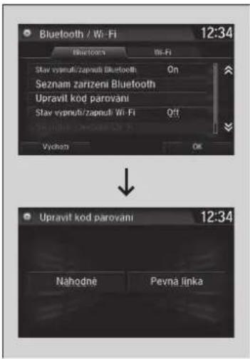 Bluetooth / Wi-Fi 12:34 Bluetooth Wi-Fi Slav vypnut/zapnuti Bluetooth On Seznam zarizeni Bluetooth Upravit kód parovani Slav vypnut/zapnuti Wi-Fi Q't Vychani Ok Upravit kód parovani 12:34 Nahodné Pevná linka