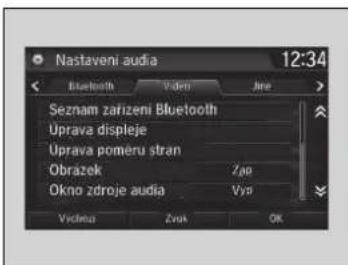 Nastaveni audia 12:34 Bluetooth Vdemi Jne Seznam zařizení Bluetooth Uprava displeje Uprava poměru stran Obrázek Zop Okno zdroje audia Vys Vídina Zvak OK