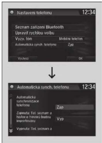 Nastaveni telefonu 12:34 Seznam zarizeni Bluetooth Uprayit rychlou volbu Vyzy, ton Mobini telefon Automaticka synch. telefonu Zap Vychloq Ok Automaticka synch. telefonu 12:34 Automaticka synchronizace telefonu Zap Zapnuta: Tel, seznam a histora e hovoru budou importovaný Vyp Vypnuta: Tel, seznam a