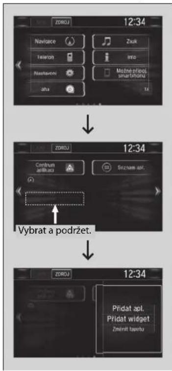 Honda CR-V Hybrid (2019) - ■Přidání ikon aplikace nebo pomůcky (widgetu) na domovskou obrazovku Na domovskou obrazovku lze přidat ikony aplikace nebo pomůcky (widget). - 1