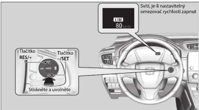 Tlačitko RES/+ Tlačitko -/SET Stiskněte a uvolněte Svití, je-li nastavitelný omezovač rychlosti zapnut LIM 80 km/h