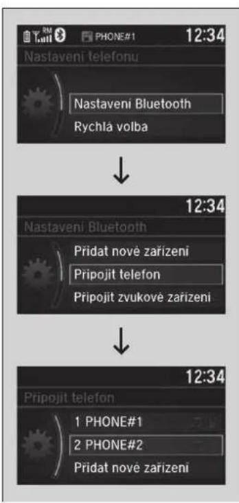 Nastaveni telefonu Nastaveni Bluetooth Rychlá volba 12:34 Nastaveni Bluetooth Pridat nové zařízení Připojit telefon Připojit zvukové zařízení 12:34 Připojit telefon 1 PHONE#1 2 PHONE#2 Přidat nové zařízení