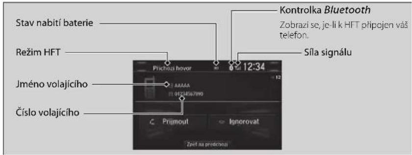 Stav nabití baterie Režim HFT Jméno volajícího Číslo volajícího Přichozí hovor 0 12:34 Kontrolka Bluetooth Zobrazi se, je-li k HFT připojen váš telefon. Síla signálu Prijmout Ignorovat Zpěl na predichozí