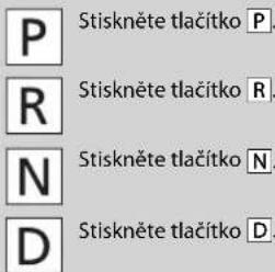 P Stiskněte tlačítko P. R Stiskněte tlačítko R. N Stiskněte tlačítko N. D Stiskněte tlačítko D.