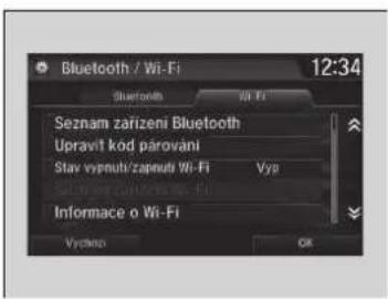 Bluetooth / Wi-Fi 12:34 Seznam zařízení Bluetooth Upravit kod párováni Stav vypnutí/zapnutí Wi-Fi Výp Sátvýení účnictuční účnictuční Wi-Fi Informace o Wi-Fi Výchensk OK