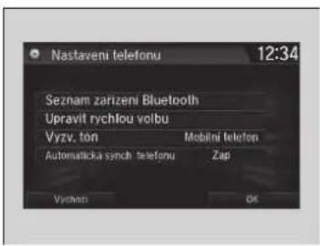 Nastaveni telefonu 12:34 Seznam zarizeni Bluetooth Upravit rychlou volbu Vyzv. ton Mobini telefon Automaticka synch telefonu Zap Vychess OK