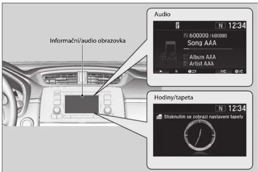 Informační/audio obrazovka Audio 600000 / 600000 Song AAA Album AAA Artist AAA Hodiny/tapeta Stisknutim se zobrazi nastaveni tapety N 12:34