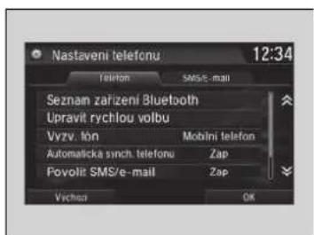 Nastaveni telefonu 12:34 Telefon SMS-E-mail Seznam zarizeni Bluetooth Upravit rychlou volbu Vyzv. lon Mobilni telefon Automaticka synch. telefonu Zap Povolit SMS/e-mail Zap Vychoa OK