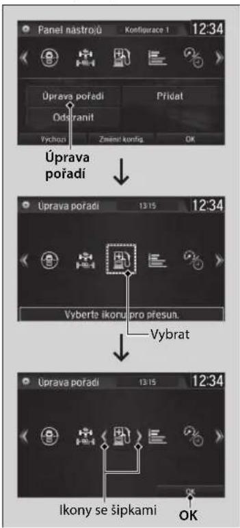 Panel nastrojů Konfijerace 1 12:34 Úprava poředí Přidat Odsranit Vychon Zmeň konfig OK Úprava pořadí Úprava pořadí 13:15 12:34 Vyberte ikoru pro přesun. Vybrat Úprava pořadí 13:15 12:34 Ikony se šipkami OK