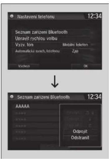 Nastaveni telefonu 12:34 Seznam zarizeni Bluetooth Upravit rychlou volbu Vyzy, ton Mobini telefon Automaticke synch, telefonu Zjp Výchni OK Seznam zarizeni Bluetooth 12:34 AAAAA Odpojt Odstranit