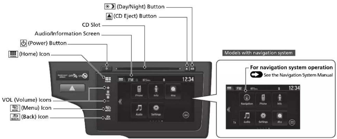 (Day/Night) Button (CD Eject) Button CD Slot Audio/Information Screen (Power) Button (Home) Icon VOL (Volume) Icons (Menu) Icon (Back) Icon Models with navigation system For navigation system operation See the Navigation System Manual FM 87.5mm 12:34 Navigation Phone Info Audio Settings TA Audio Settings Aha