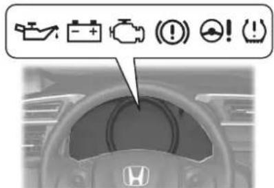 Diagram of a car dashboard with emergency check icons and warning symbols, including battery, switch, and warning symbols.