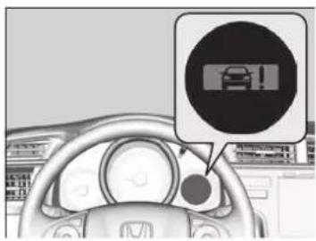 Diagram showing a car dashboard with a circular warning sign and a car icon, likely indicating vehicle hazard or alert.