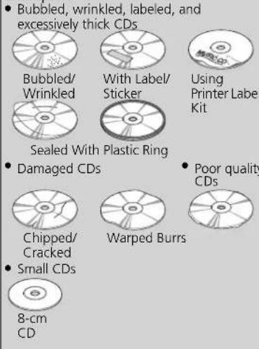 Bubbled, wrinkled, labeled, and excessively thick CDs Bubbled/ Wrinkled With Label/ Sticker Using Printer Label Kit Sealed With Plastic Ring Damaged CDs Poor quality CDs Chipped/ Cracked Warped Burrs Small CDs 8-cm CD
