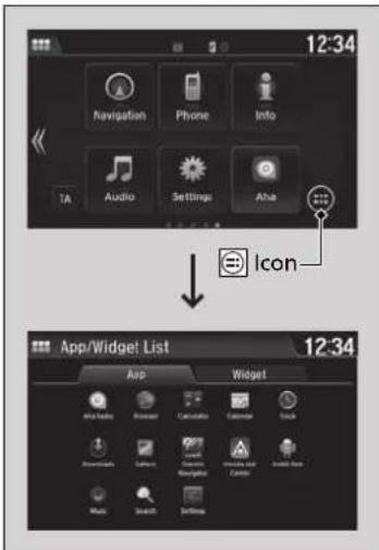 12:34 Navigation Phone Info TA Audio Settings Aha Icon App/Widget List 12:34 App Widget Alpha Table Browser Cancelator Canceler Click Downloads Cancel Cancel Download Help Music Search Settings