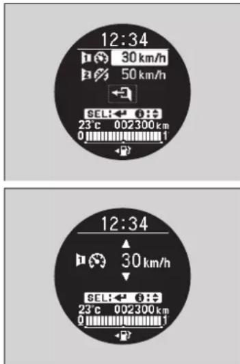 12:34 30 km/h 50 km/h SEL: ← 0:+ 23°C 002300 km 0 1 12:34 30 km/h SEL: ← 0:+ 23°C 002300 km 0 1