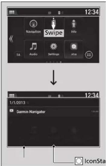 12:34 Navigation Swipe Info TA Audio Settings Atra 12:34 1/1/2013 Garmin Navigator IconSta