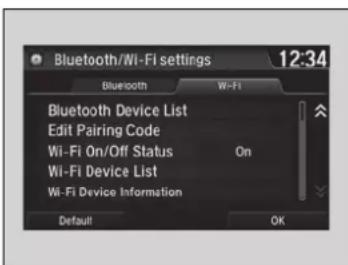 Bluetooth/Wi-Fi settings 12:34 Bluetooth W-Fi Bluetooth Device List Edit Pairing Code Wi-Fi On/Off Status On Wi-Fi Device List Wi-Fi Device Information Default OK