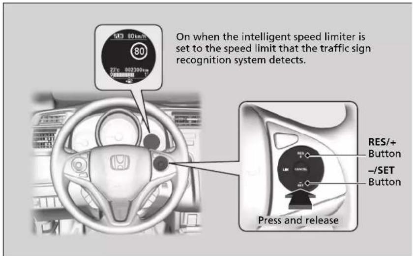 On when the intelligent speed limiter is set to the speed limit that the traffic sign recognition system detects. RES/+ Button -/SET Button Press and release