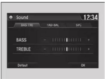 Sound 12:34 BAS-TRE fAD-BAL SYNC BASS - ||||| ||||| + TREBLE - ||||| ||||| + Default OK