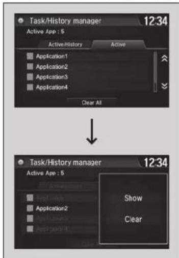 Task/History manager 12:34 Active App : 5 Active-History Active Application1 Application2 Application3 Application4 Clear All Task/History manager 12:34 Active App : 5 Show Clear