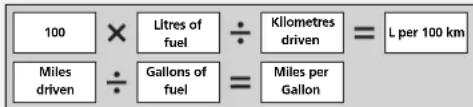 100 × Litres of fuel ÷ Kilometres driven = L per 100 km Miles driven ÷ Gallons of fuel = Miles per Gallon
