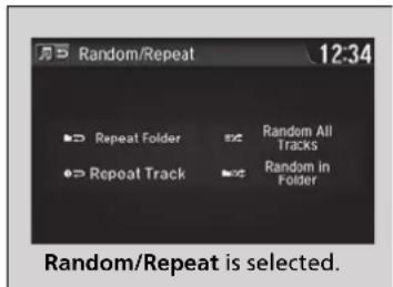 Random/Repeat 12:34 Repeat Folder Random All Tracks Repeat Track Random in Folder Random/Repeat is selected.