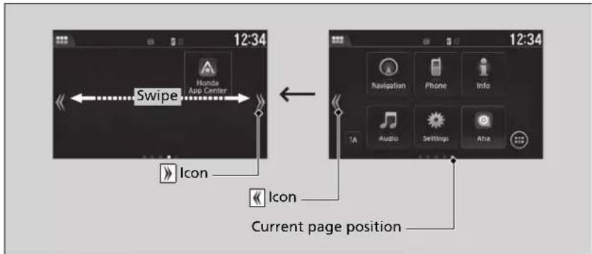 12:34 Swipe Honda App Center Icon Current page position 1A Navigation Phone Info Audio Settings Aha