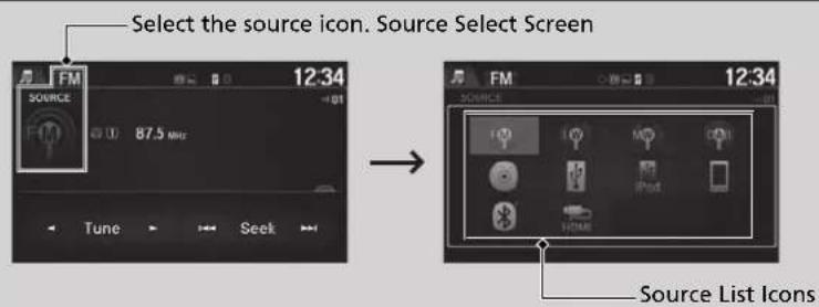 Select the source icon. Source Select Screen 12:34 SOURCE 87.5 MHz → Source List Icons