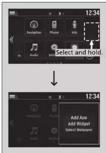 12:34 Navigation Phone Info Select and hold. 1A Audio Settings 12:34 Add App Add Widget Select Wallpaper