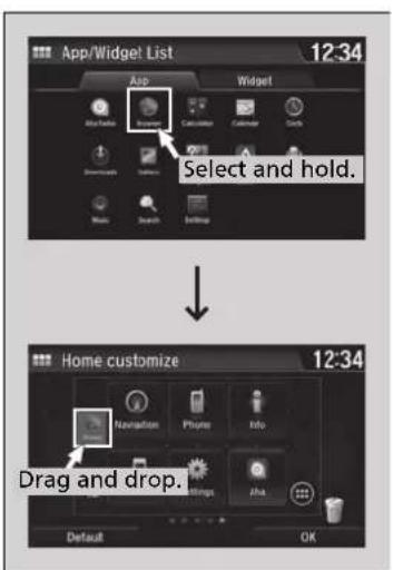 App/Widget List 12:34 App Widget Select and hold. Home customize 12:34 Drag and drop. Default OK