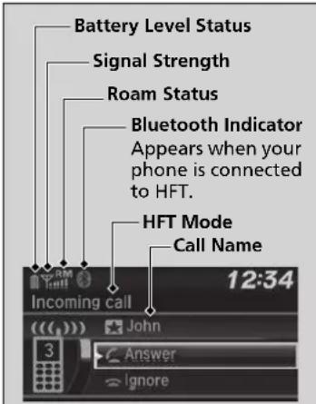 Battery Level Status Signal Strength Roam Status Bluetooth Indicator Appears when your phone is connected to HFT. HFT Mode Call Name Incoming call 12:34 John Answer Ignore