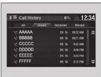 Call History 01 12:34 All Dialed Received Missed AAAA 09. 16 10:22 AM BBBBB 09. 16 10:21 AM CCCCC 09. 16 9:42 AM DDDDD 09. 10 4:28 PM EEEE 09. 10 3:33 PM FFFFF 09. 10 2:12 PM