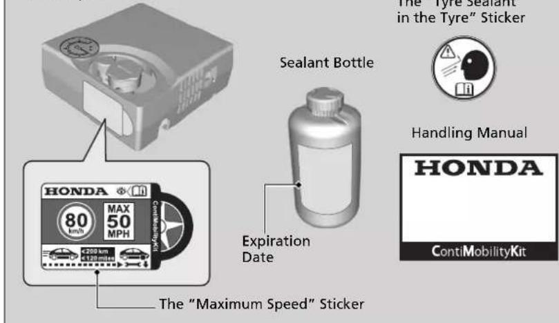 The "Tyre Sealant in the Tyre" Sticker Sealant Bottle Handling Manual HONDA 80 km/h MAX 50 MPH Continuing Expiration Date The "Maximum Speed" Sticker ContiMobilityKit