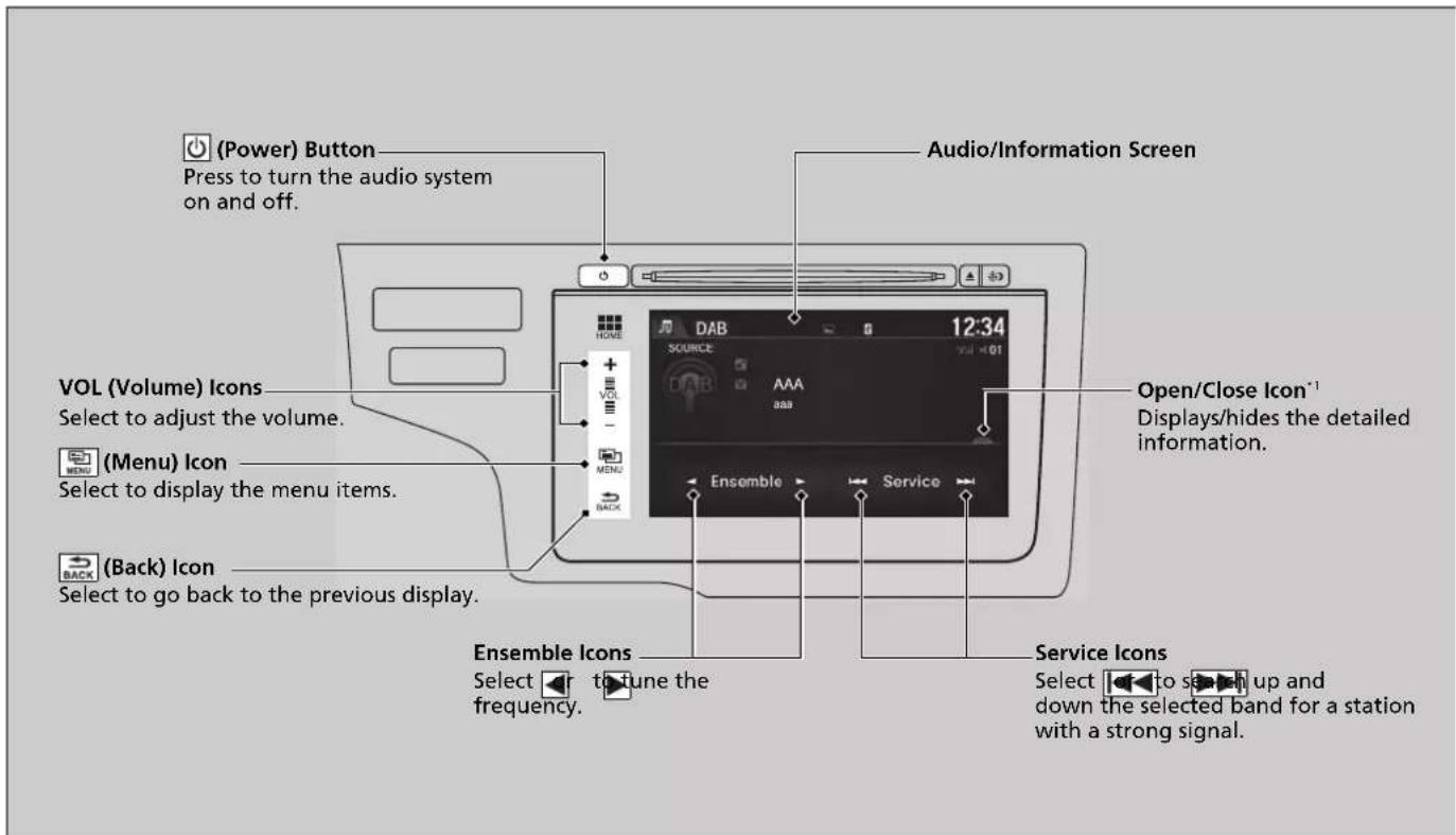 (Power) Button Press to turn the audio system on and off. Audio/Information Screen VOL (Volume) Icons Select to adjust the volume. (Menu) Icon Select to display the menu items. (Back) Icon Select to go back to the previous display. Open/Close Icon*1 Displays/hides the detailed information. Ensemble Icons Select ▼ to tune the frequency. Service Icons Select ▼ to set up and down the selected band for a station with a strong signal.