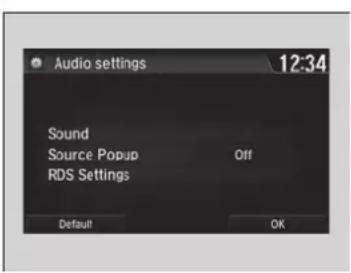 Audio settings 12:34 Sound Source Popup Off RDS Settings Default OK