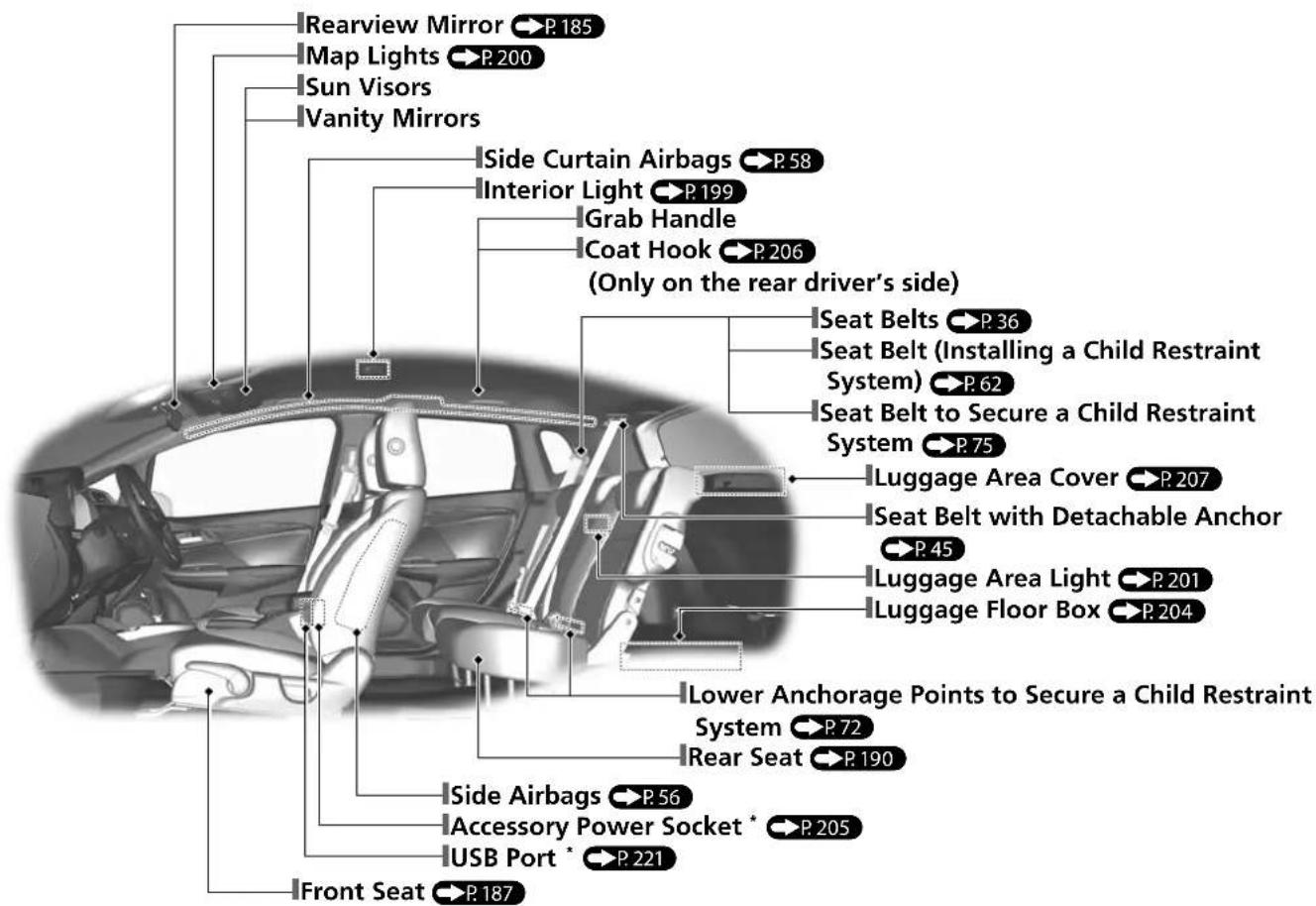 Rearview Mirror →P.185 Map Lights →P.200 Sun Visors Vanity Mirrors Side Curtain Airbags →P.58 Interior Light →P.199 Grab Handle Coat Hook →P.206 (Only on the rear driver's side) Seat Belts →P.36 Seat Belt (Installing a Child Restraint System) →P.62 Seat Belt to Secure a Child Restraint System →P.75 Luggage Area Cover →P.207 Seat Belt with Detachable Anchor →P.45 Luggage Area Light →P.201 Luggage Floor Box →P.204 Lower Anchorage Points to Secure a Child Restraint System →P.72 Rear Seat →P.190 Side Airbags →P.56 Accessory Power Socket * →P.205 USB Port * →P.221 Front Seat →P.187