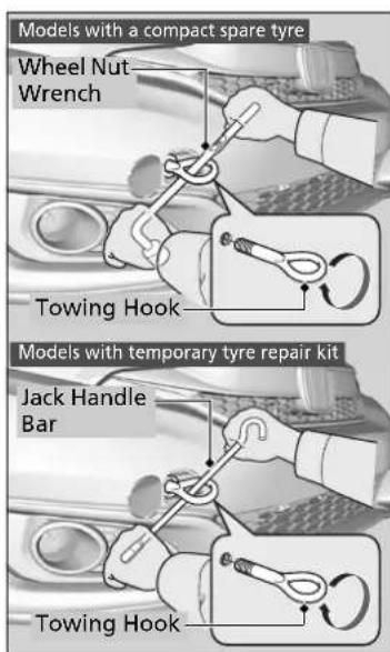 Models with a compact spare tyre Wheel Nut Wrench Towing Hook Models with temporary tyre repair kit Jack Handle Bar Towing Hook