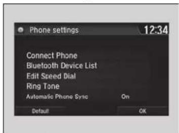Phone settings 12:34 Connect Phone Bluetooth Device List Edit Speed Dial Ring Tone Automatic Phone Sync On Default OK