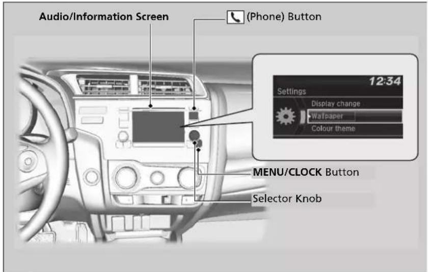 Audio/Information Screen (Phone) Button 12:34 Settings Display change Wallpaper Colour theme MENU/CLOCK Button Selector Knob