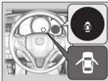Diagram of a car dashboard with a close-up of the steering wheel and a circular warning sign with a person silhouette.