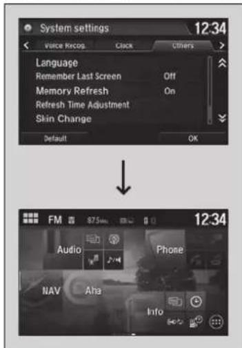 System settings 12:34 Voice Recop Clock Others Language Remember Last Screen Off Memory Refresh On Refresh Time Adjustment Skin Change Default OK 12:34 FM 875mm Audio Phone NAV Aha Info