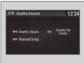 Shuffle/Repeat 12:34 ●> Shuffle Albums ●> Shuffle All Songs ●> Repeat Song