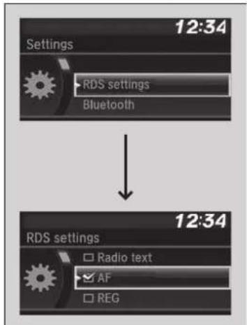 Settings 12:34 RDS settings Bluetooth 12:34 RDS settings Radio text AF REG