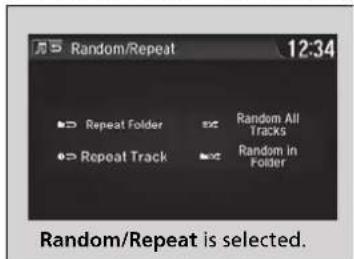 Random/Repeat 12:34 ► Repeat Folder ► Repeat Track Random All Tracks Random in Folder Random/Repeat is selected.