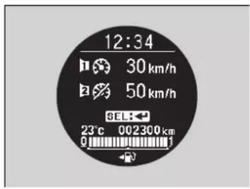 12:34 30 km/h 50 km/h SEL: 23°C 002300 km 0