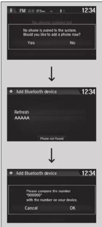 No phone connected No phone is paired to the system. Would you like to add a phone now? Yes No Add Bluetooth device 12:34 Refresh AAAAA Phone not found Add Bluetooth device 12:34 Please compare the number "000000" with the number on your device. Cancel OK