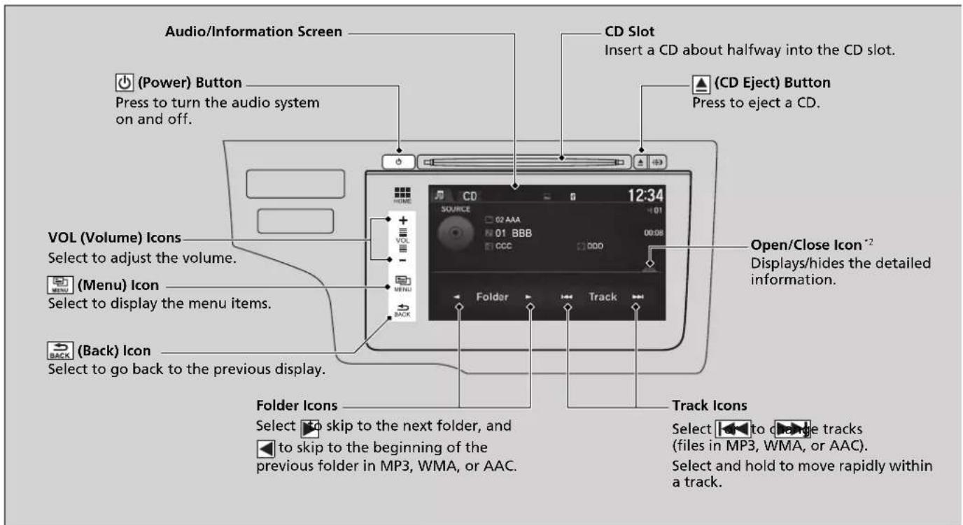 Audio/Information Screen (Power) Button Press to turn the audio system on and off. CD Slot Insert a CD about halfway into the CD slot. (CD Eject) Button Press to eject a CD. VOL (Volume) Icons Select to adjust the volume. (Menu) Icon Select to display the menu items. (Back) Icon Select to go back to the previous display. Open/Close Icon *2 Displays/hides the detailed information. Folder Icons Select to skip to the next folder, and to skip to the beginning of the previous folder in MP3, WMA, or AAC. Track Icons Select to drop tracks (files in MP3, WMA, or AAC). Select and hold to move rapidly within a track.