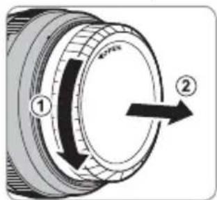 Diagram of a camera lens with labeled parts and directional arrow indicating rotation direction